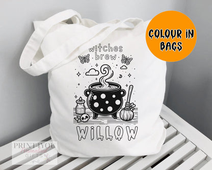 Personalised colour-in Halloween tote bag with a black-and-white Witches' Brew cauldron outline design, ready to colour