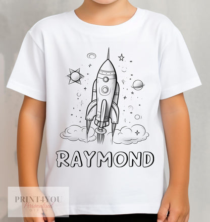 Personalised Space Rocket Colour In activity Kids T – shirt – with washable pens - 1-2 yrs