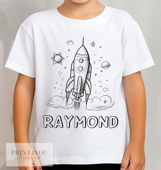 Personalised Space Rocket Colour In activity Kids T – shirt – with washable pens - 1-2 yrs