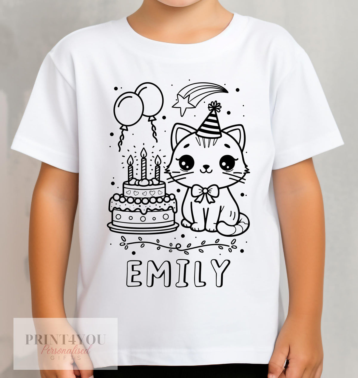 Personalised Birthday Party Cat colour-in t-shirt for kids with custom name, size 1-2 years