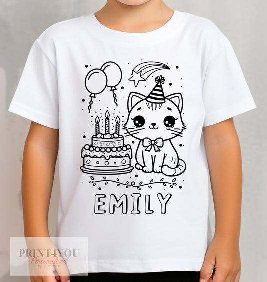 Personalised Birthday party Cat Colour In activity Kids T – shirt – with washable pens - 1-2 yrs