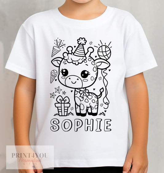 Personalised Birthday party Giraffe Colour In activity Kids T – shirt – with washable pens - 1-2 yrs