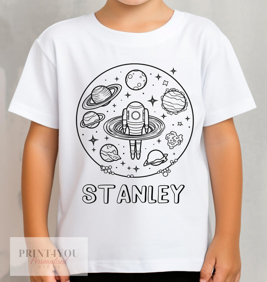Personalised Space Planets Colour In activity Kids T – shirt – with washable pens - 1-2 yrs