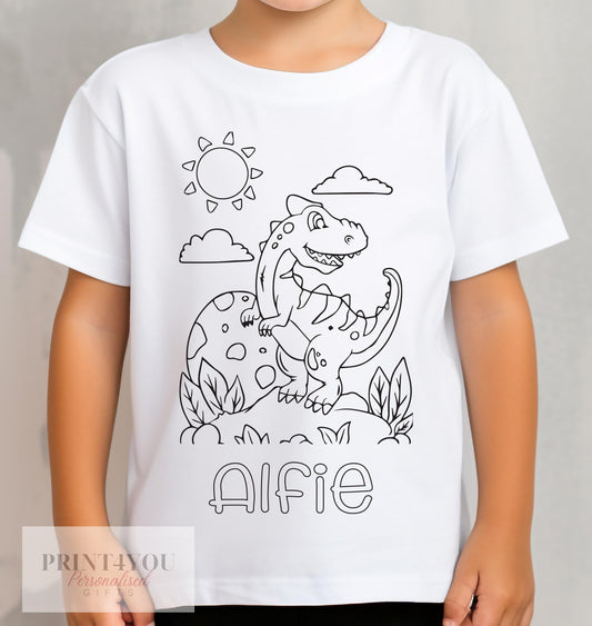 Personalised Dinosaur ND2 Colour In activity Kids T – shirt – with washable pens - 1-2 yrs
