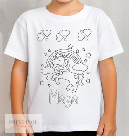 Personalised unicorn colour-in activity t-shirt, 1-2 years size, with custom name and washable pens
