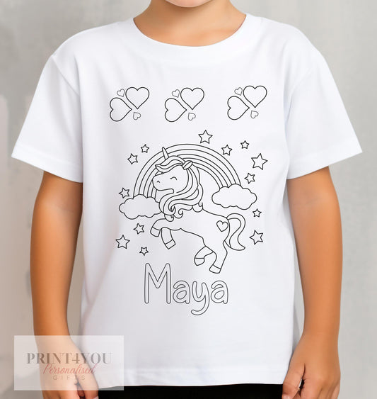 Personalised Unicorn Colour In activity Kids T – shirt – with washable pens - 1-2 yrs