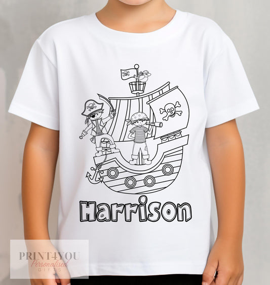 Personalised Pirate Ship Colour In activity Kids T – shirt – with washable pens - 1-2 yrs