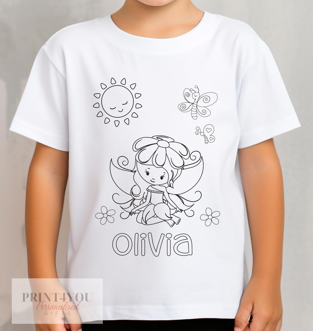 Personalised fairy colour-in kids t-shirt with washable pens, size 1-2 years