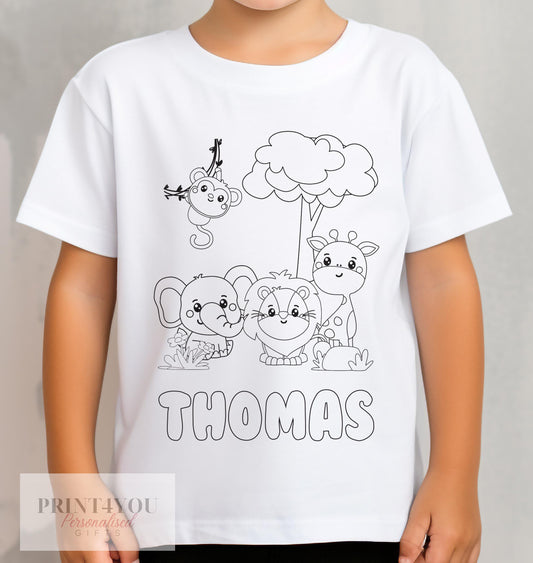 Personalised Jungle Animals Planets In activity Kids T – shirt – with washable pens - 1-2 yrs