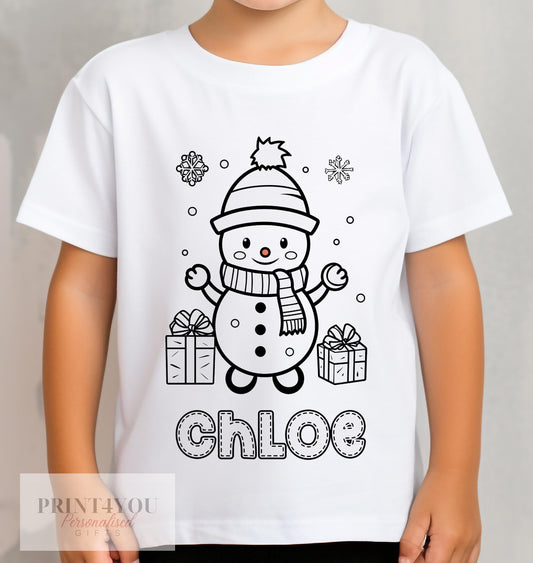 Personalised Christmas Snowman Colour In activity Kids T – shirt – with washable pens – stocking fillers, Christmas Eve Box, Gift from Elf - 1-2 yrs