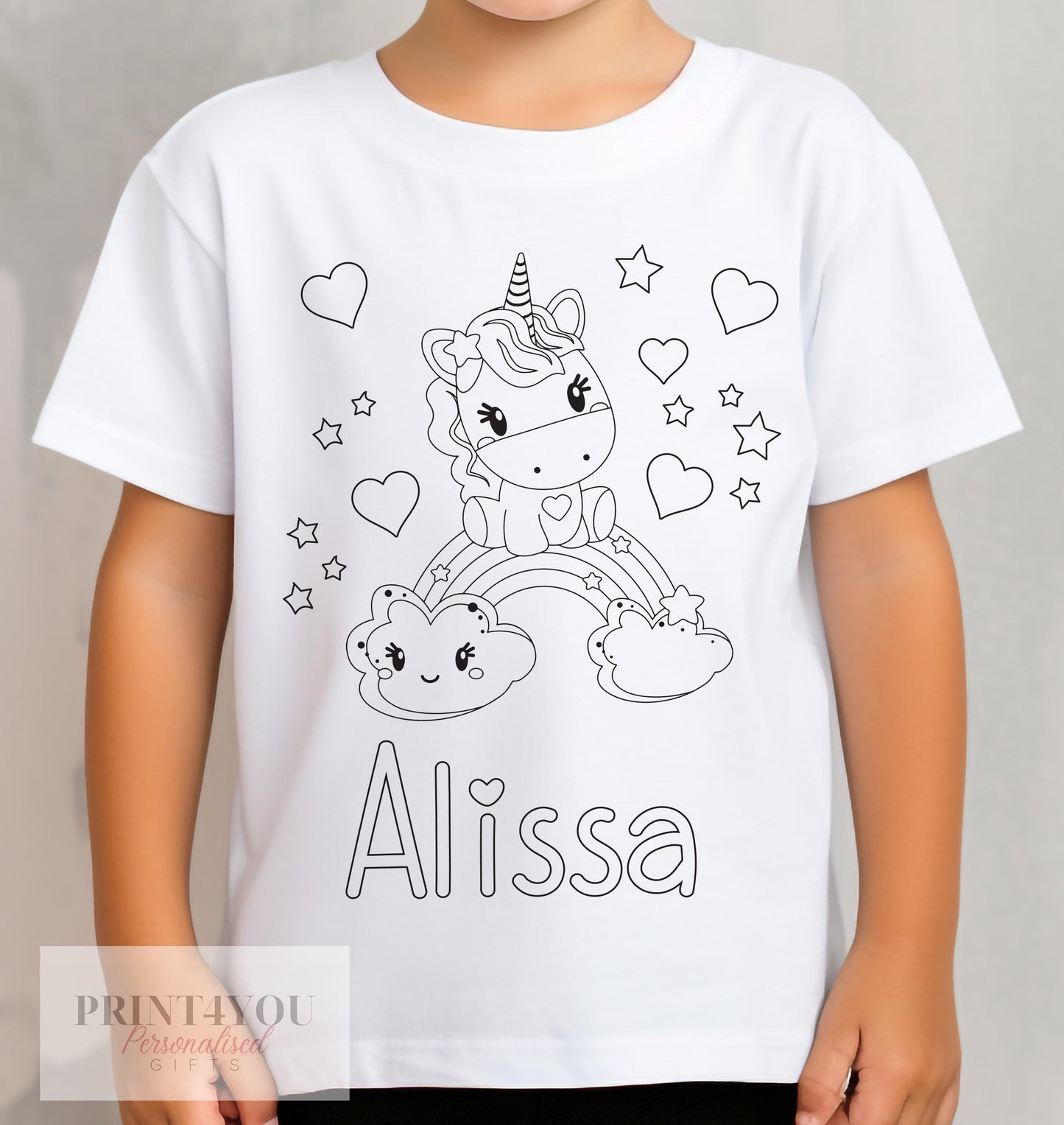 White kids t-shirt printed with a colour-in unicorn design and personalised name, size 1-2 years