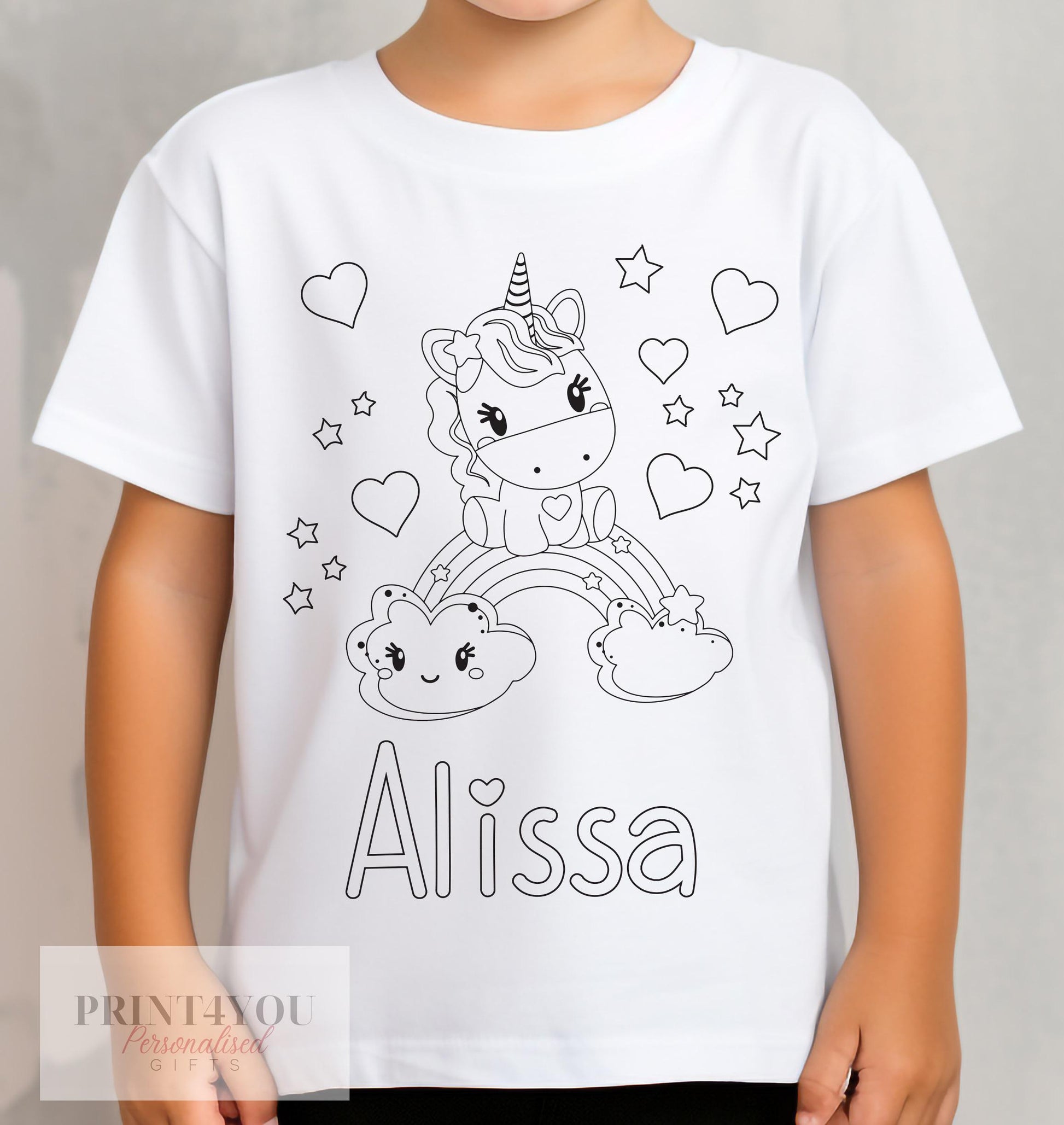 White kids t-shirt printed with a colour-in unicorn design and personalised name, size 1-2 years