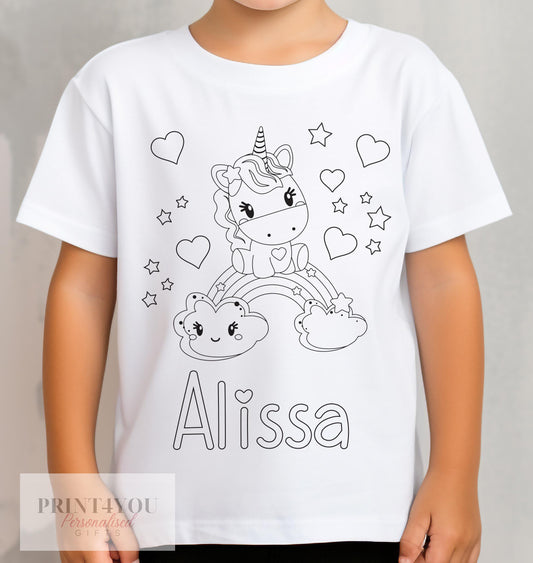 Personalised Unicorn T – Shirt – Colour Me In T – Shirt With Colouring Pens Included - 1-2 yrs