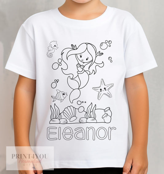 Personalised mermaid Colour In activity Kids T – shirt – with washable pens - 1-2 yrs