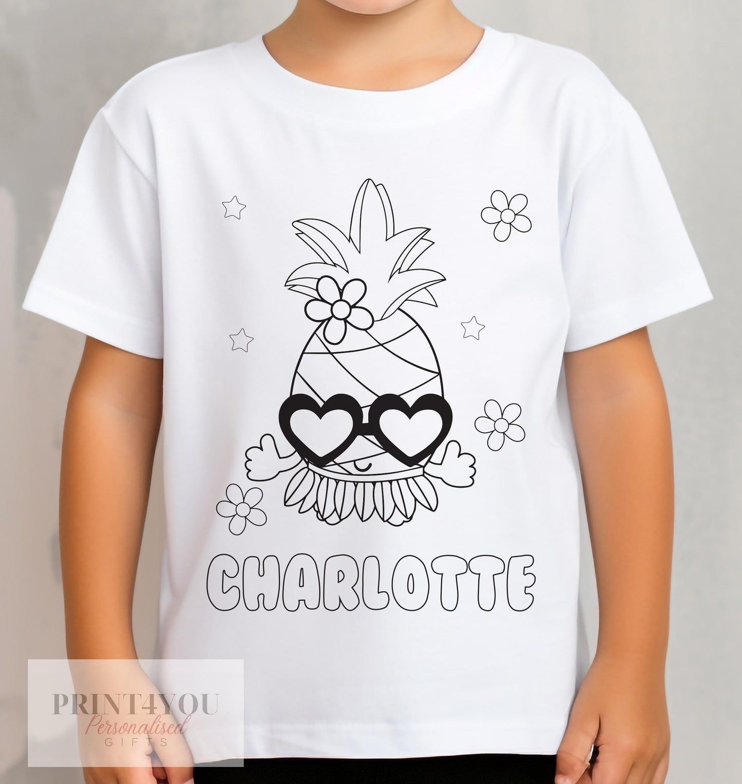 Personalised pineapple colour-in kids t-shirt with custom name, size 1-2 years