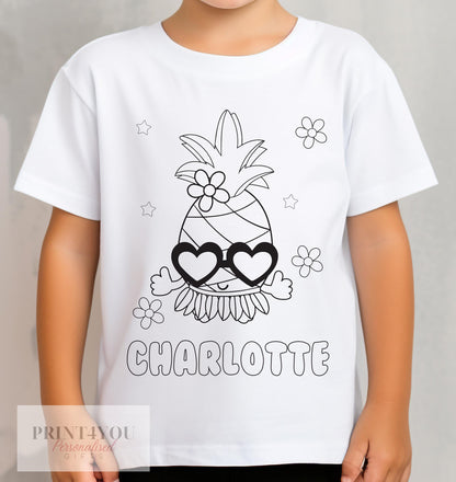 Personalised pineapple colour-in kids t-shirt with custom name, size 1-2 years