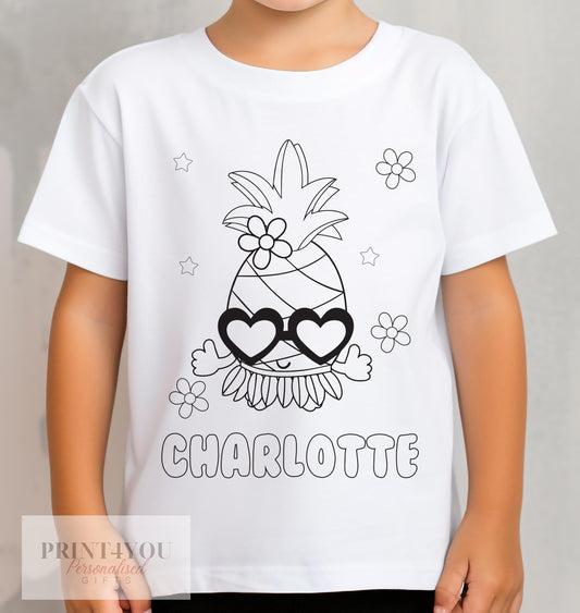 Personalised Summer time pineapple Colour In activity Kids T – shirt – with washable pens - 1-2 yrs