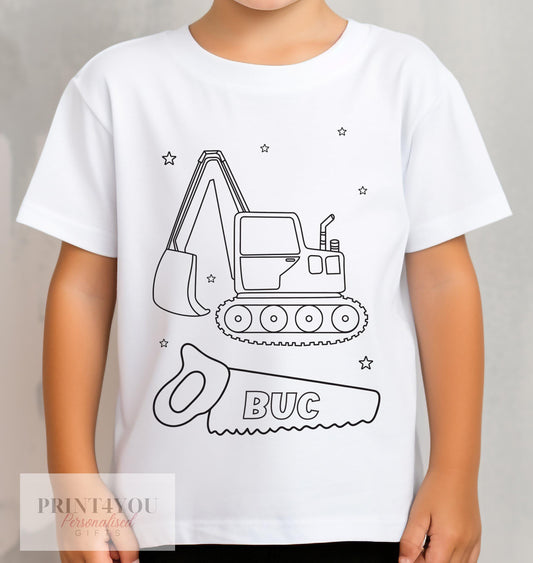 Personalised Builder Digger Birthday Colour In activity Kids T – shirt – with washable pens - 1-2 yrs