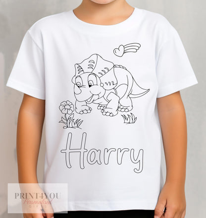 Personalised dinosaur colour-in kids t-shirt with washable pens, size 1-2 years, front view