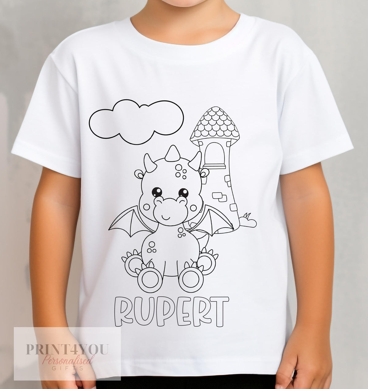 Personalised dragon and castle colour-in kids t-shirt in white cotton, size 1-2 years