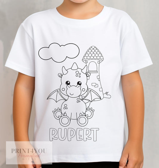 Personalised Dragon and Castle Colour In activity Kids T – shirt – with washable pens - 1-2 yrs
