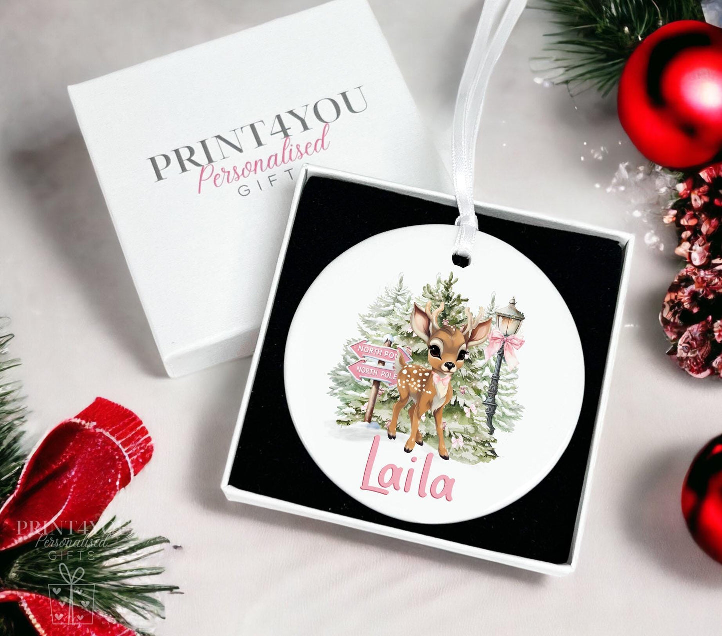 Personalised Christmas Pink Reindeer ceramic bauble decoration, Baby's First Christmas, Reindeer and Alphabet Letter - No thanks