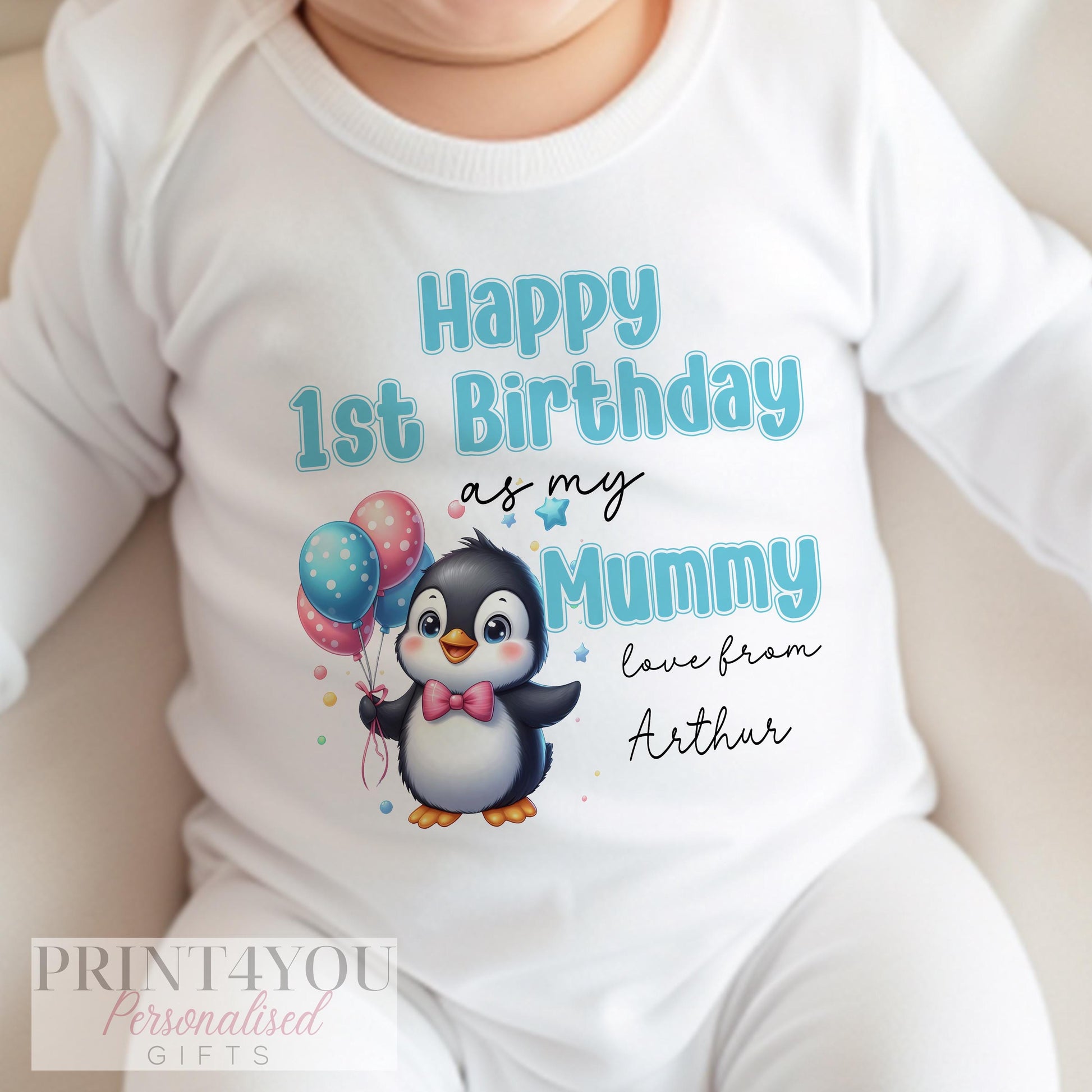 Personalised baby bib for a family member's birthday, white cotton with custom print