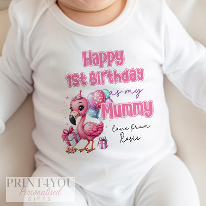 Personalised first birthday bib, printed with a name for baby's or a parent's first birthday as Mummy or Daddy.