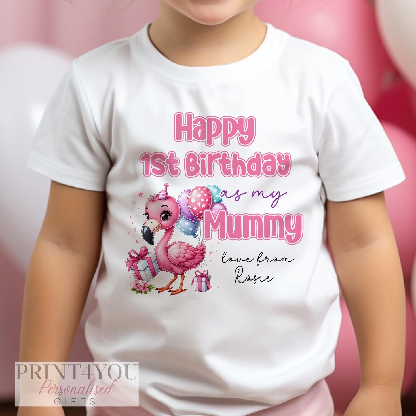 Personalised first birthday baby vest, printed with a custom name on soft white cotton.