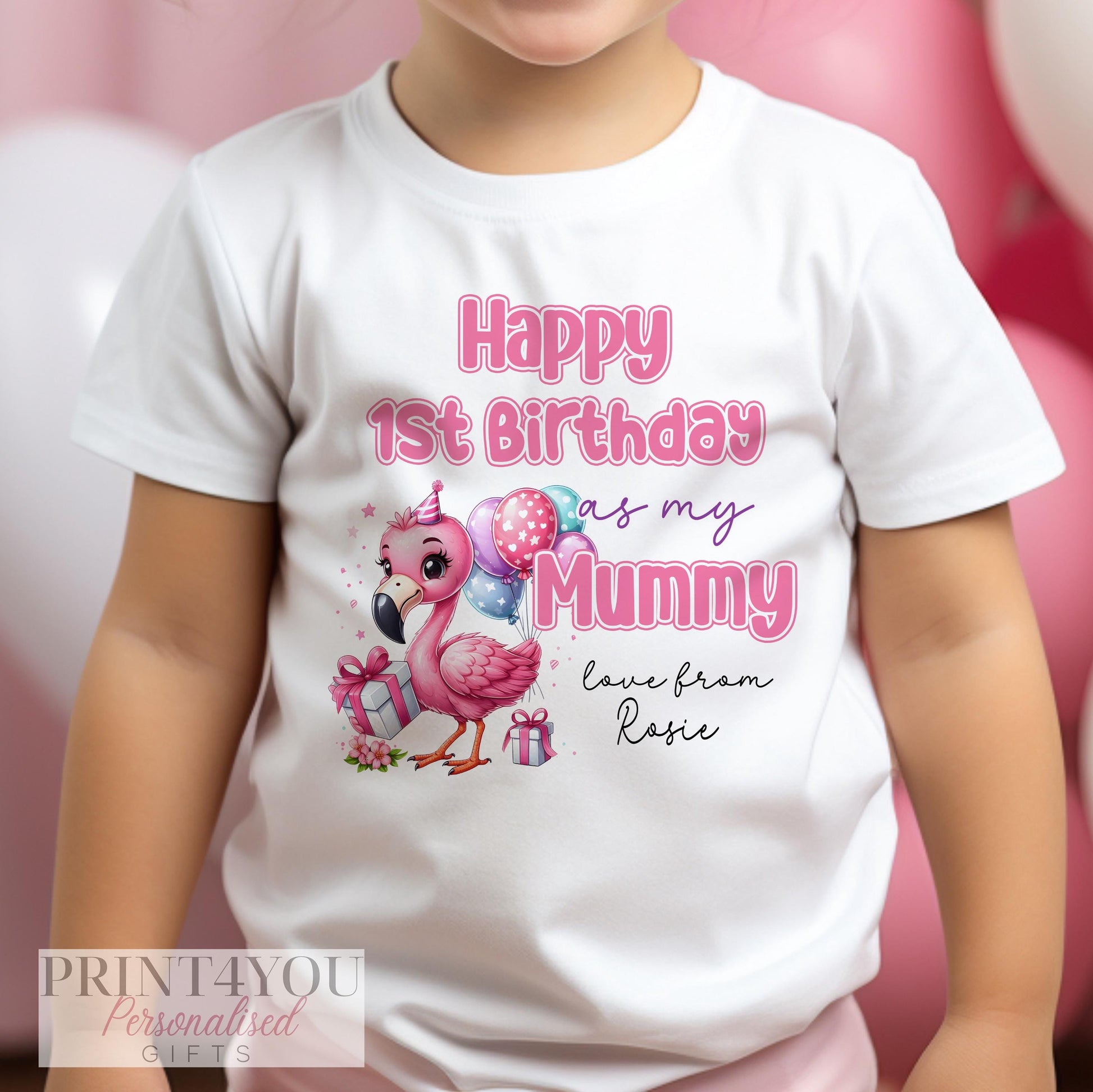 Personalised first birthday baby vest, printed with a custom name on soft white cotton.