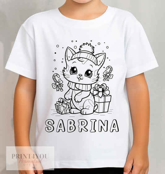 Personalised Christmas Cat Colour In activity Kids T – shirt – with washable pens – stocking fillers, Christmas Eve Box, Gift from Elf - 1-2 yrs