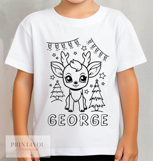 Personalised Christmas Reindeer Colour In activity Kids T – shirt – with washable pens – stocking fillers, Christmas Eve Box, Gift from Elf - 1-2 yrs