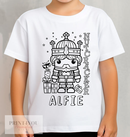 Personalised Christmas Nutcracker Colour In activity Kids T – shirt – with washable pens – stocking fillers, Christmas Eve Box, Gift from Elf - 1-2 yrs