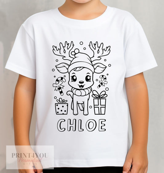 Personalised Christmas N2 Reindeer Colour In activity Kids T – shirt – with washable pens – stocking fillers, Christmas Eve Box, Gift from Elf - 1-2 yrs
