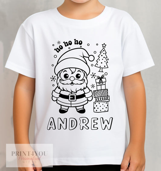 Personalised Christmas Santa Colour In activity Kids T – shirt – with washable pens – stocking fillers, Christmas Eve Box, Gift from Elf - 1-2 yrs
