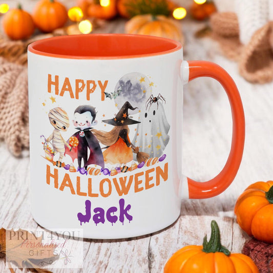 Personalised Halloween mug for kids, orange handle white ceramic mug with spooky graphics