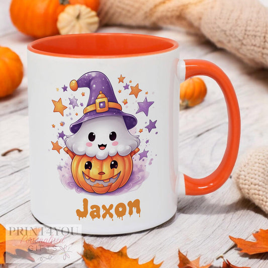 Personalised Halloween mug, custom 11oz orange handle ceramic kids mug