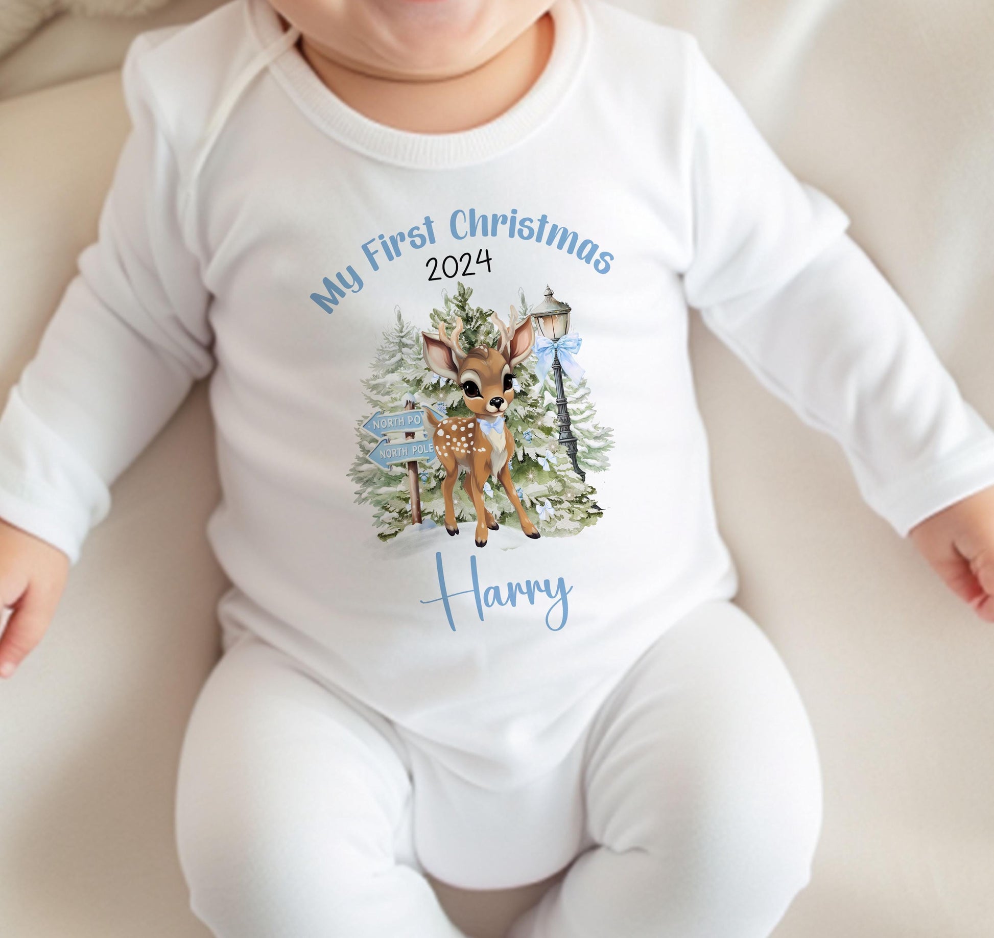 Personalised baby's first Christmas Blue Reindeer bib, vest and sleepsuit set in 100% cotton