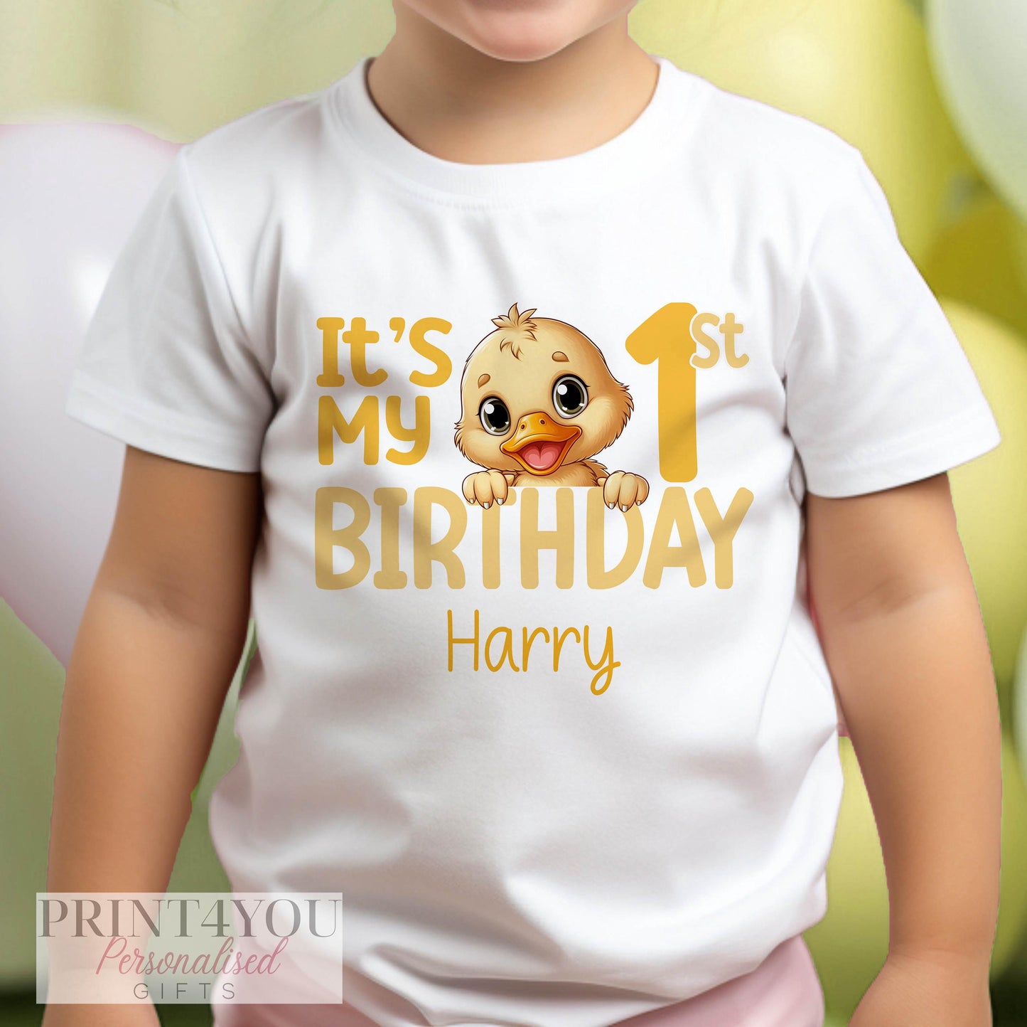 Personalised yellow duck birthday bib in white cotton, printed with a custom number for baby's big day.