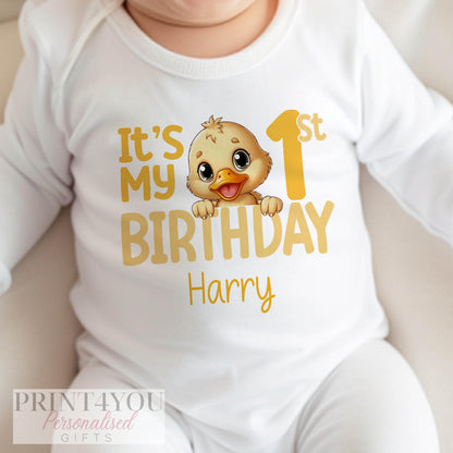 Personalised yellow duck birthday vest in soft white cotton, customised with a bold birthday number.