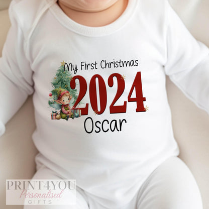 Personalised first Christmas elf design vest, printed with baby's name.