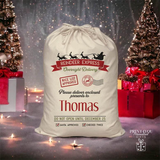Personalised Reindeer Express Santa Sack – Custom Christmas Eve Box for Kids