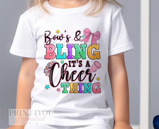 Children's White Cotton T – shirt – Bows and Bling it's a Cheerleader thing, Cheerleader t – shirt - 6-12 months  T-shirt