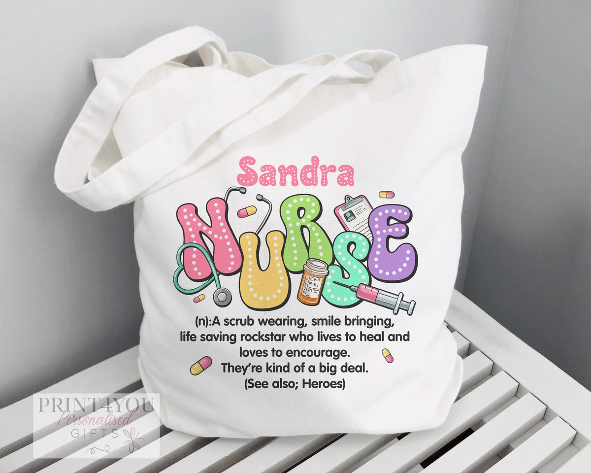 White cotton tote bag personalised with a nurse's name, printed with a Highland Cow illustration