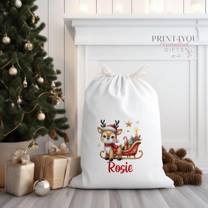 Cream canvas Santa sack personalised with a name, printed with a reindeer and sleigh Christmas design