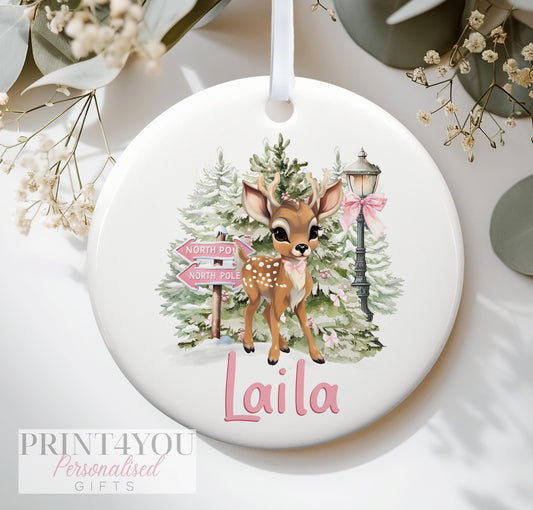 Personalised Christmas Pink Reindeer ceramic bauble decoration, Baby's First Christmas, Reindeer and Alphabet Letter - No thanks