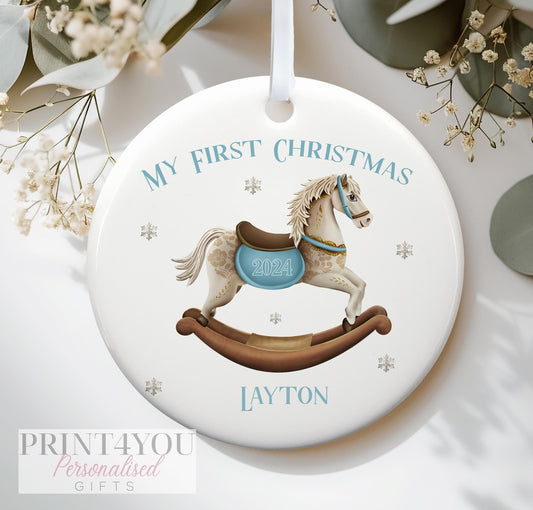 Personalised Ceramic Bauble – Baby's First Christmas Blue Rocking Horse Decoration - No thanks