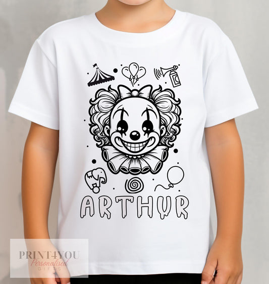 Personalised Halloween Colour In activity Kids T – shirt – with washable pens – Scary Clowns - 1-2 yrs