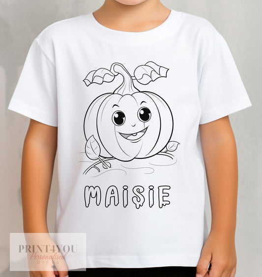 Personalised Halloween Colour In activity Kids T – shirt – with washable pens – Cute Pumpkin - 1-2 yrs