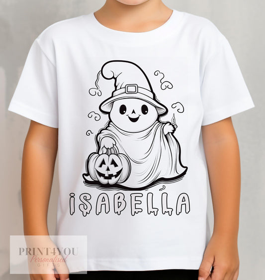 Personalised Halloween Colour In activity Kids T – shirt – with washable pens – Scary Ghost - 1-2 yrs